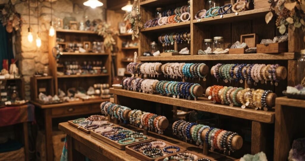 天然石アクセサリー専門店の店内、木製のディスプレイ棚に色とりどりの天然石ブレスレットが並べられている実写風の写真