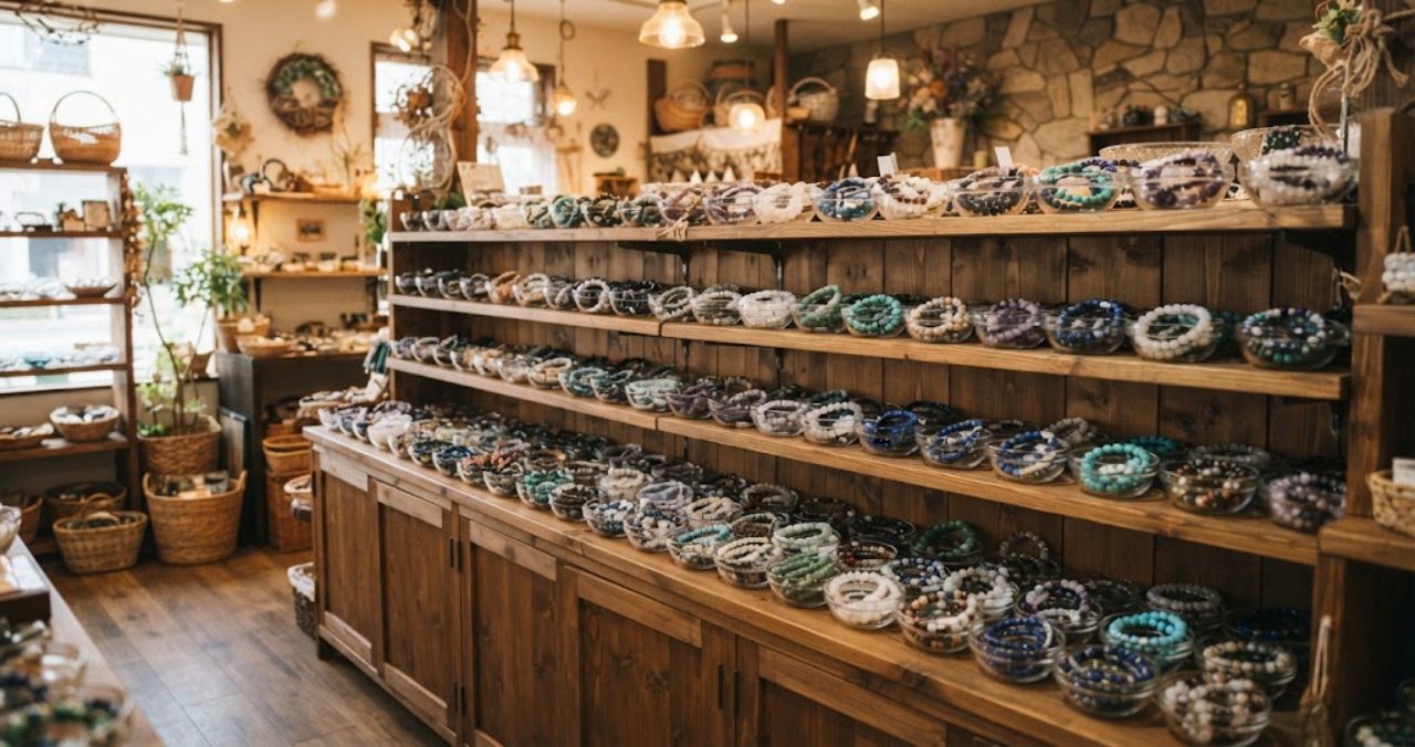 天然石アクセサリー専門店の陳列棚に色とりどりの天然石ブレスレットが小さなガラスの器に入れられて並んでいる、お店全体の雰囲気が伝わる写真