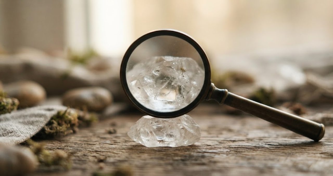 小さなルーペが透明な天然石(水晶)の粒のすぐ上に置かれ、ルーペの中に石の内部の細かい模様がぼんやり見えるマクロ写真