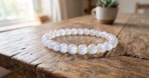 木製のテーブルの上に乳白色の地に青白い光沢が浮かぶムーンストーンの天然石ブレスレットが1本置かれている情景