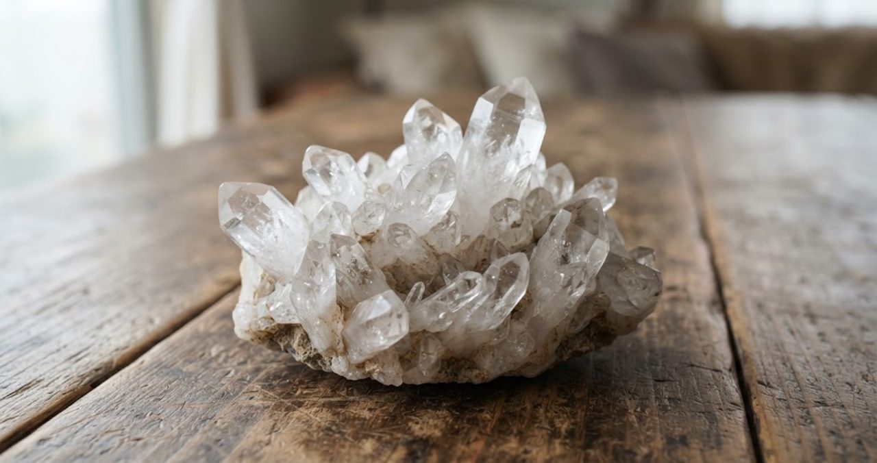 複数の水晶の結晶が根元でつながって育ったクラスター(群晶)の原石が木製の机の上に置かれている物撮り写真