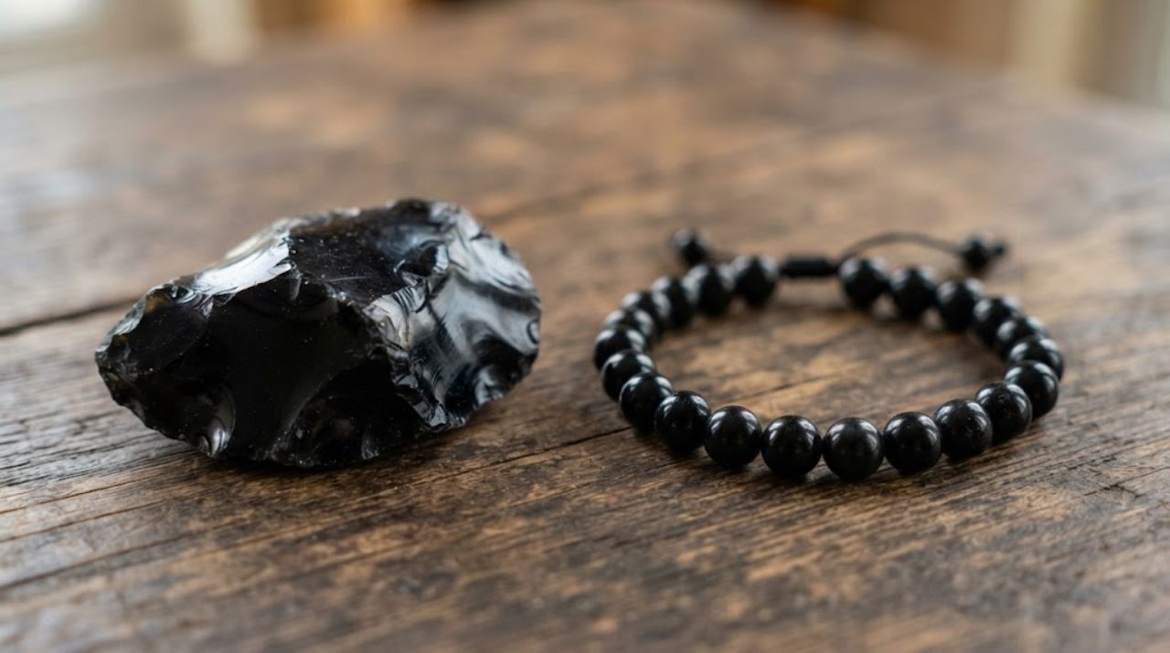黒く滑らかな光沢を持つ未研磨の黒曜石の原石と、丸い粒でできた黒曜石のブレスレットが木製の机の上に並べて置かれている物撮り写真