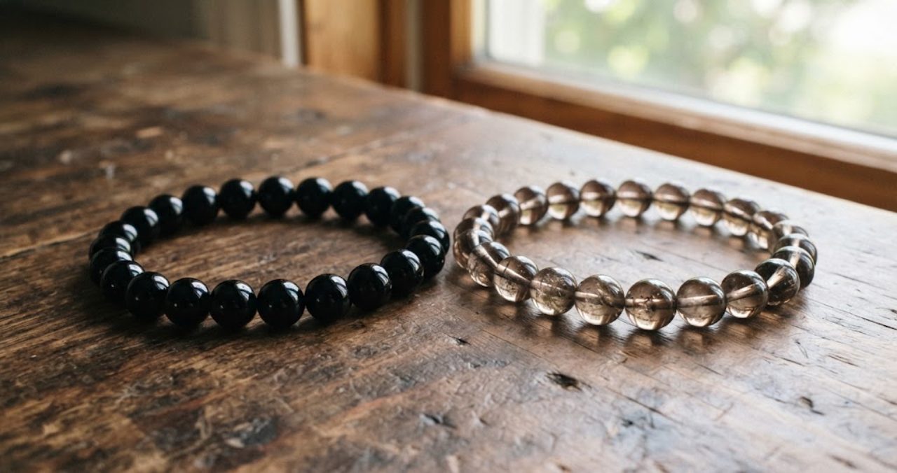 不透明でつやのある黒曜石のブレスレットと、奥がうっすら透ける煤色のスモーキークォーツのブレスレットが木製の机の上に並べて置かれている物撮り写真