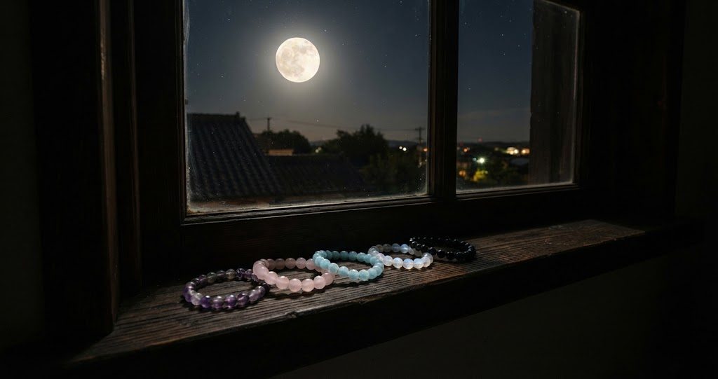 夜の窓辺に色の異なる天然石ブレスレットが数本、満月の淡い光を受けて置かれている実写風の写真